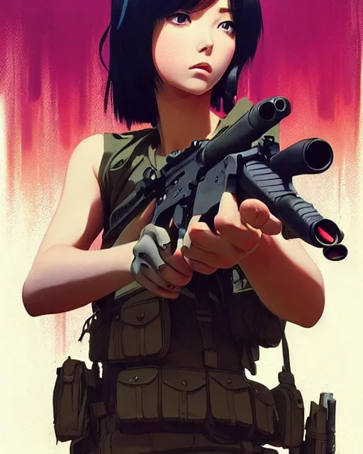 Image similar to girl holding a rifle | | very very anime!!!, fine - face, audrey plaza, realistic shaded perfect face, fine details. anime. realistic shaded lighting poster by ilya kuvshinov katsuhiro otomo ghost - in - the - shell, magali villeneuve, artgerm, jeremy lipkin and michael garmash and rob rey