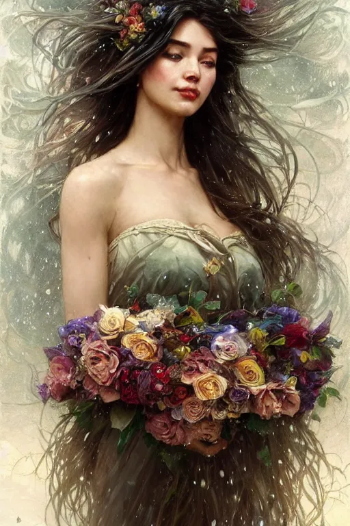 Image similar to portrait of a beautiful mysterious woman holding a bouquet of flowing flowers, wet dripping long hair, hands hidden under the bouquet, emerging from the water, fantasy, regal, intricate, by stanley artgerm lau, greg rutkowski, thomas kindkade, alphonse mucha, loish, norman rockwell