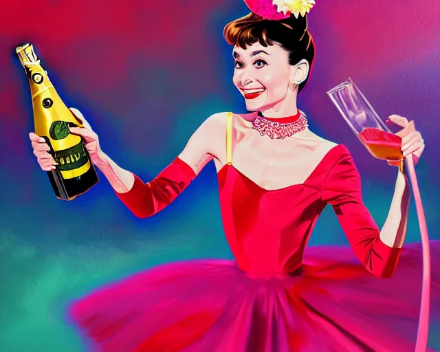 Prompt: audrey hepburn as a cancan dancer besides a big bottle of champagne in art deco style, hyper realistic, artstation, illustration, digital paint, matte paint, vivid colors, bright, cheerful, detailed and intricate environment