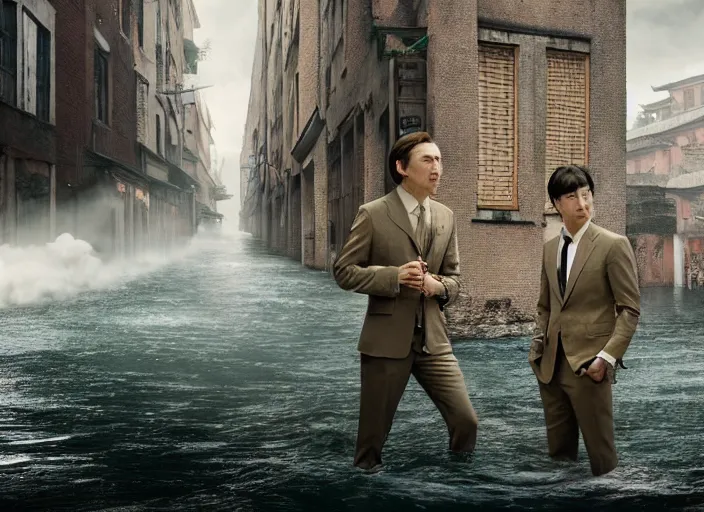 Prompt: a very high resolution image from a new movie, two deer in suits, in a narrow chinese alley, surrounded by water vapor, beatiful backgrounds, dramatic lighting, directed by wes anderson
