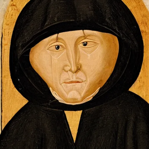 Image similar to a medieval priest in a black fur cloak with a wooden mask