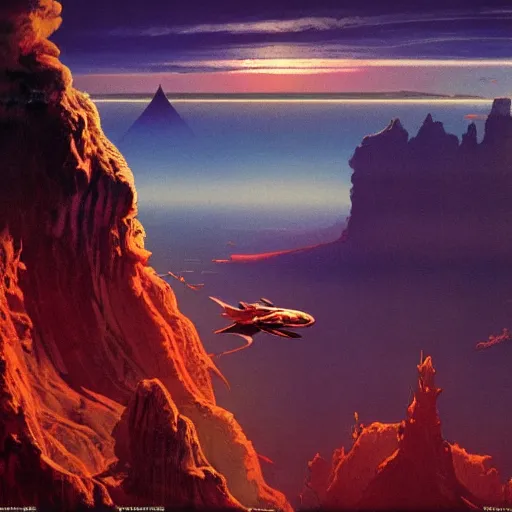 Prompt: overhead look of an alien ocean with clouds above it, serpent emerging out of the water, mountains on the background, syd mead, john harris,