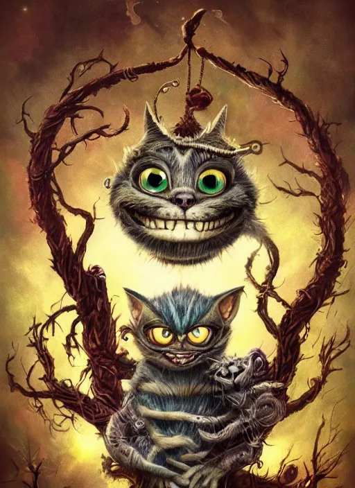 Prompt: cheshire cat the devil tarot card, highly detailed, cinematic, 8 k, bymegan duncanson, benjamin lacombe, naoto hattori, adrian borda, giger, trending on deviantart, hyper detailed, horror, full of colour