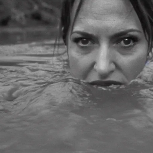Prompt: film still, close up, mariska hargitay as olivia benson rising out of muddy vietnam river holding her badge, face covered in mud, low camera angle at water level, night time, film still from apocalypse now ( 1 9 7 9 ), 2 6 mm.