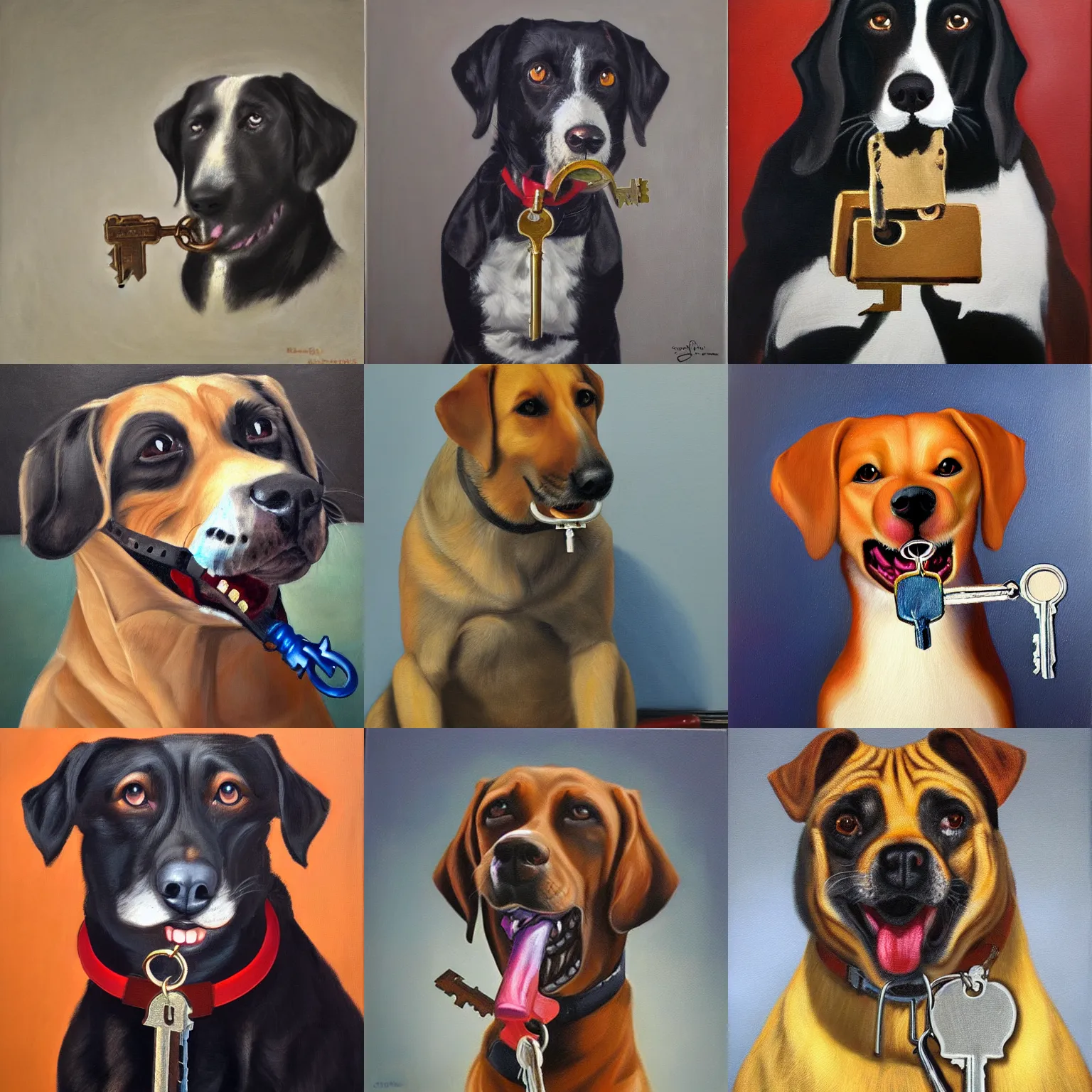 Prompt: dog sitting holding a key in mouth, realism, old painting, oil painting, oil in canvas