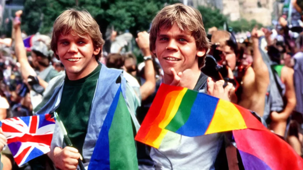 Image similar to rotj luke skywalker goes to pride, getty images, victorious, flags, parade, gay rights, bright smiles, daylight, twenty three year old luke skywalker at gay pride, 3 5 mm photography, very happy, smiling