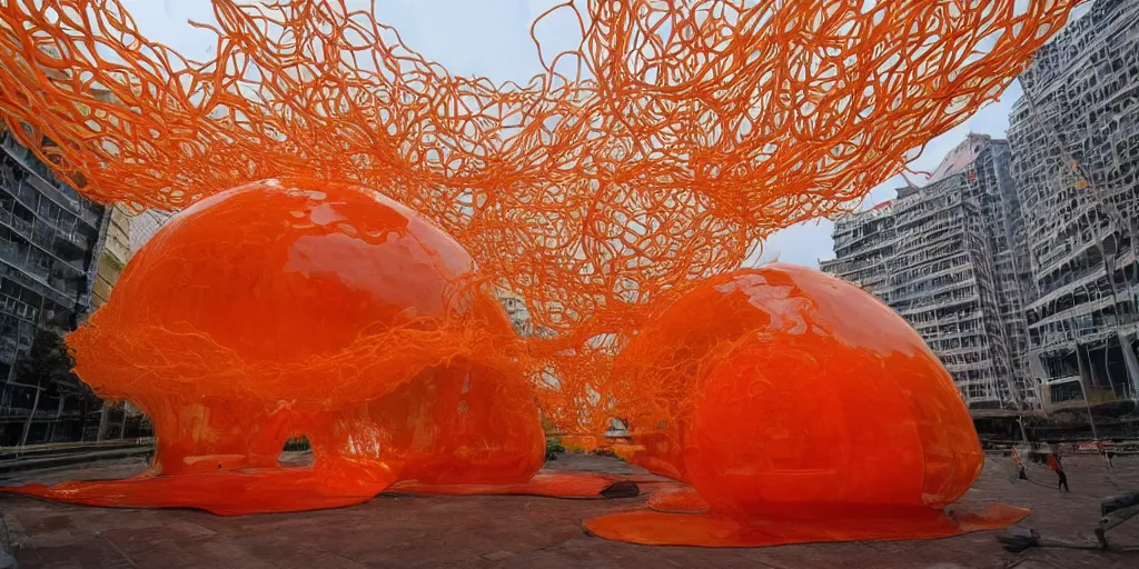 Prompt: huge transparent orange jell strange morph form like more fruits in the style by anish kapoor, in the parts by shih chieh huang, with wires in the open sea on the water