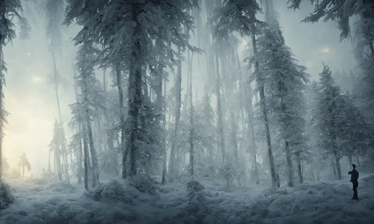 Image similar to Ice crystal forest in the background, cinematic lighting, cinematic angle, Guillem H. Pongiluppi, Sviatoslav Gerasimchuk, Federico Pelat, dusk