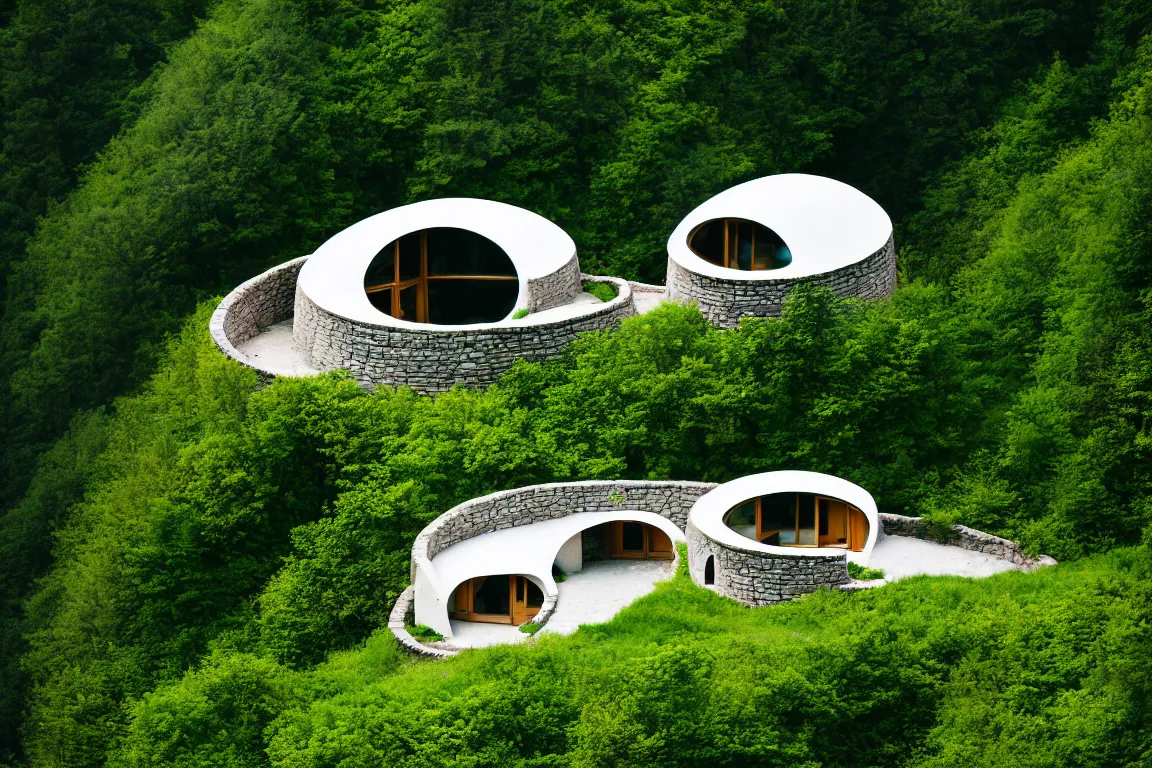 Image similar to Ellipse-shaped house with round windows, built on a large cliff near a forest. A thin stone bridge goes over the cliff. View from afar, 8k, 16k, architecture photo, high details