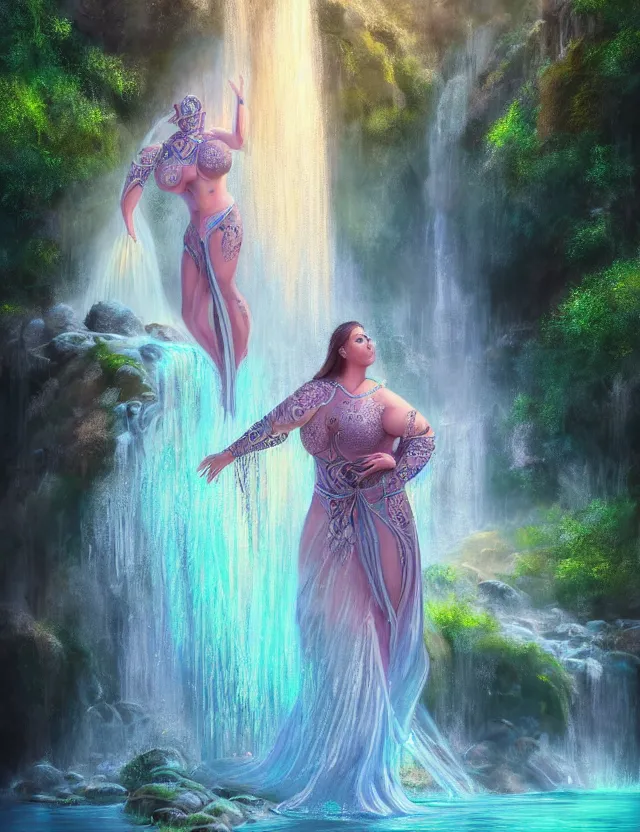 Image similar to full - figured techno - embroidered androgynous human decorated with filigree and beads walks by a waterfall in the sky, safe for work, vivid pastel color scheme, by award - winning concept artist, dynamic composition, backlighting, radiant light