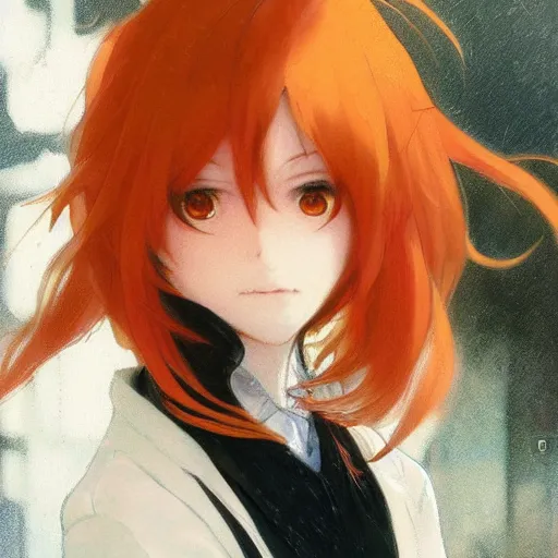 Prompt: Anime Character close up, Orange Gradient Hair, black and orange coat, orange pupils, backroom background, art by Stanley Artgerm Lau , greg rutkowski, thomas kindkade, alphonse mucha, loish, norman rockwell