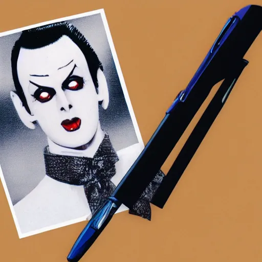 Image similar to a high quality product photo ad of klaus nomi with a technical reed rollerball pen exacto knife made in germany by junji ito, ethereal eel unsplash contest winner