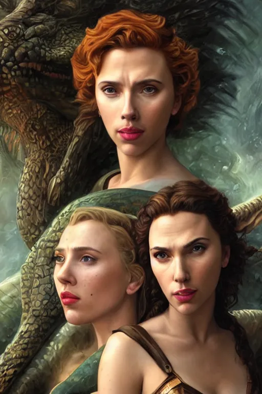 Image similar to A fantasy comic book style Oil Painting portrait of Scarlett Johansson and Gal Gadot, as Atlantean Reptilian hybrid Warriors, Mystical Valkyrie, unreal 5, DAZ, hyperrealistic, octane render, Regal, Refined, Detailed Digital Art, RPG portrait, François Boucher, Michael Cheval, William-Adolphe Bouguereau, Steampunk, Walt Disney (1937), Josephine wall, dynamic lighting, Highly Detailed, Cinematic Lighting, Unreal Engine, 8k, HD