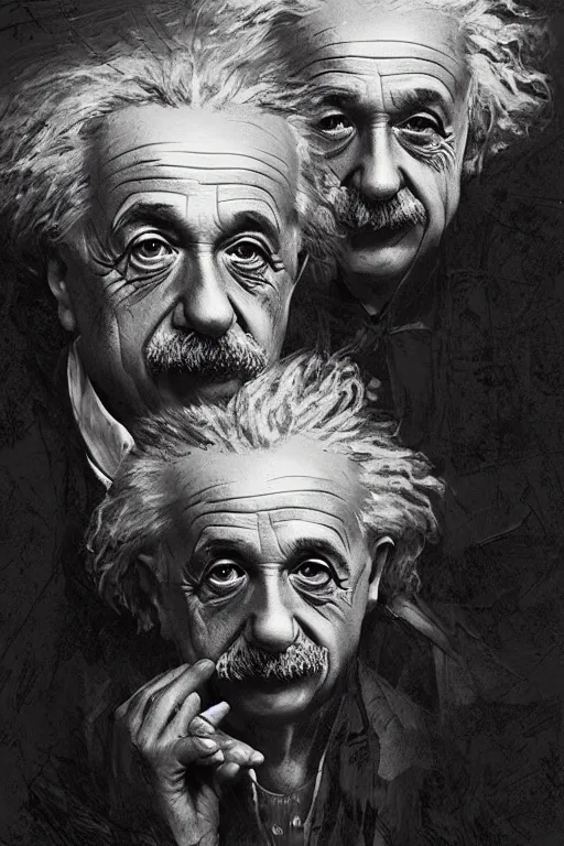 Prompt: Albert Einstein and Alan Watts having a metaphysical discussion, close up portraits, hyperdetailed artstation, cgsociety by greg rutkowski and by Gustave Dore