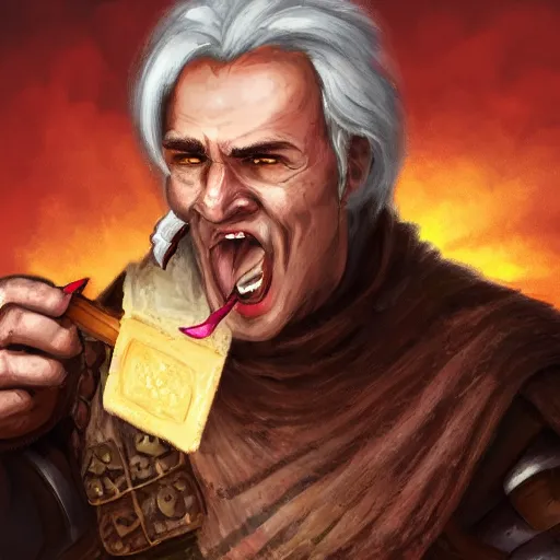 Image similar to dnd character portrait of human male fighter in his 6 0 s eating beef jerky