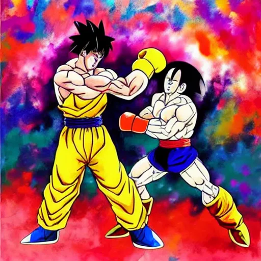 Image similar to fight between rocky balboa and cell dragon ball z, in the style of leroy neiman