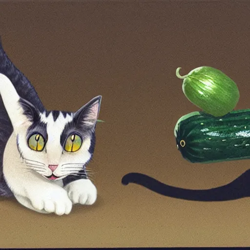 Prompt: a samourai cat fighting against a cucumber