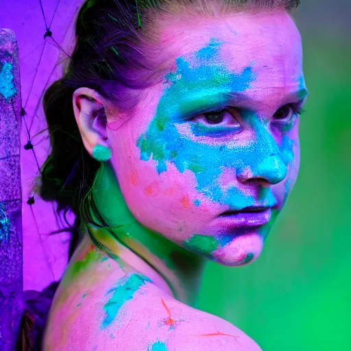 Image similar to a photo of a female made or of geodesic morfed structures, painted her body with ultraviolet paint, 5 0 mm lens, f 1. 4, sharp focus, ethereal, emotionally evoking, head in focus, volumetric lighting, 8 k