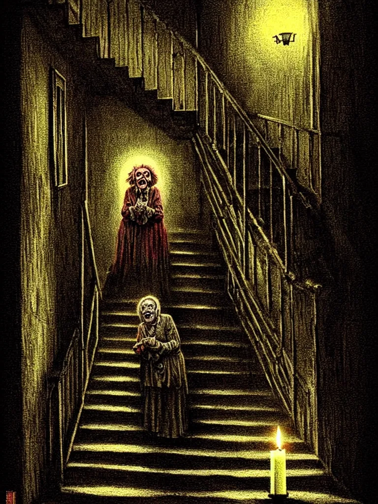 Image similar to Full Color Vintage Horror Illustration of a Scary Old Lady Staring Down a Stairwell at night. Looking downward. Candle light Glowing illumination, Spooky lighting , Pinterest