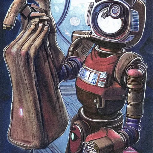 Prompt: a robot hunter from bloodborne on a space station, retrofuturism, for 1 9 7 0 s'sci - fi, by malcolm smith