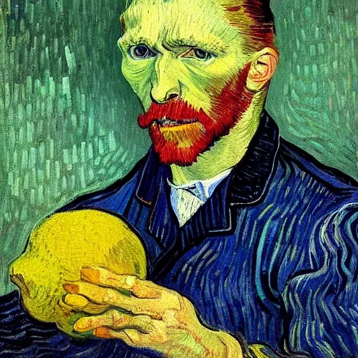 Image similar to portrait by vincent van gogh of a lemon wearing a suit