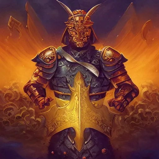 Image similar to symmetry!, perfect warrior with golden plates and a halberd, dnd illustration by jeff easley and dan mumford, character concept trending on artstation