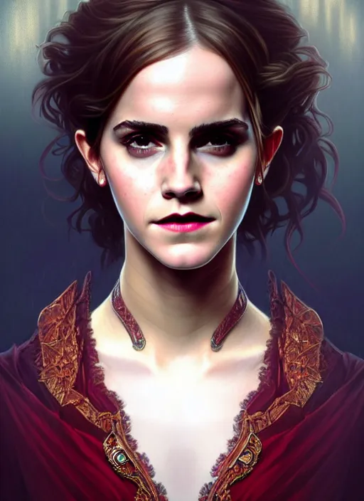 Prompt: portrait of emma watson as a vampire lord, jewelry, greek, ruby, intricate, headshot, highly detailed, digital painting, artstation, concept art, sharp focus, cinematic lighting, illustration, art by artgerm and greg rutkowski, alphonse mucha, cgsociety