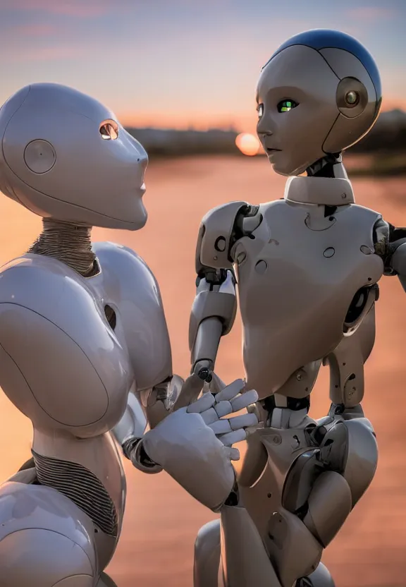 Image similar to a calming photograph of a slender, humanoid robot caresses a beautiful woman in the face, large shot, wide shot, in a street, sunset photo