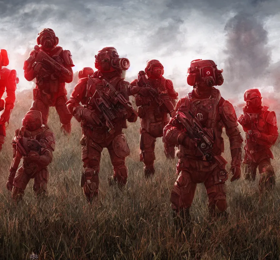 Image similar to red alert troops in real life in field, hd, hdr, ue 5, ue 6, unreal engine 5, cinematic 4 k wallpaper, 8 k, ultra detailed, by popular digital artist, beautiful image, resolution, artstation