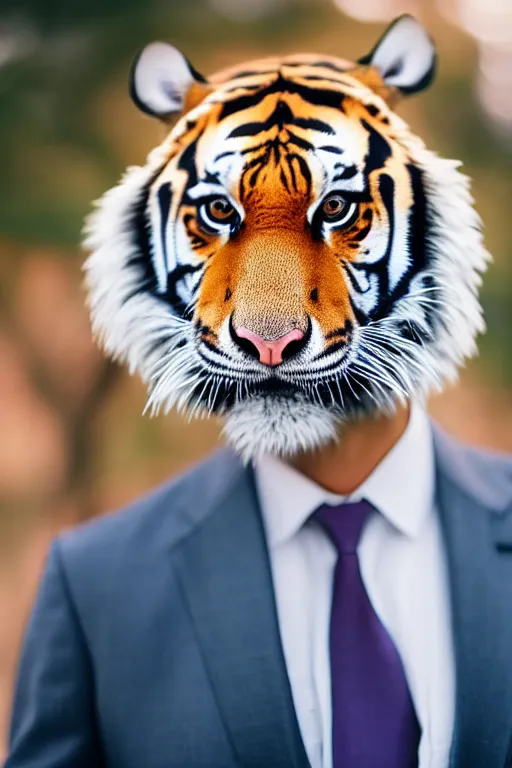 Image similar to high quality portrait photo of a tiger dressed in a dark business suit and tie, Anthropomorphic, photography 4k, f1.8 bokeh, 4k, 85mm lens