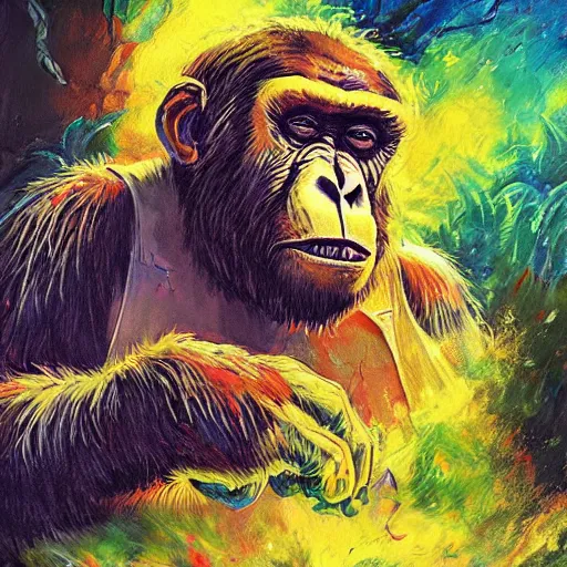 Image similar to an elderly ape monster in a retirement home, colorful, digital art, fantasy, magic, trending on artstation, ultra detailed, professional illustration by basil gogos