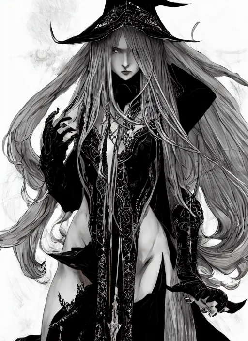 Image similar to beautiful human witch with blonde long straight hair in intricate ornate witch robe, haughty evil look, witch hat. in style of yoji shinkawa and hyung - tae kim, trending on artstation, dark fantasy, great composition, concept art, highly detailed, dynamic pose.