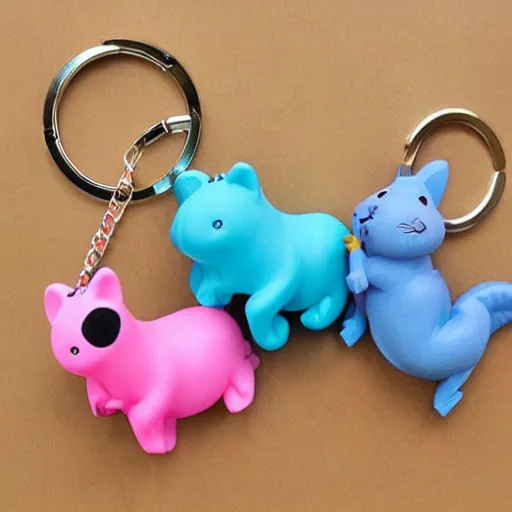 Image similar to some cute plastic toys that look like animal characters hanging from a backpack on a keychain, pastel colors