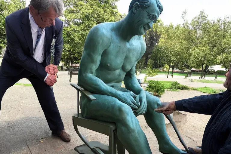 Image similar to a man who is sitting upright in a chair is touching a completed statue