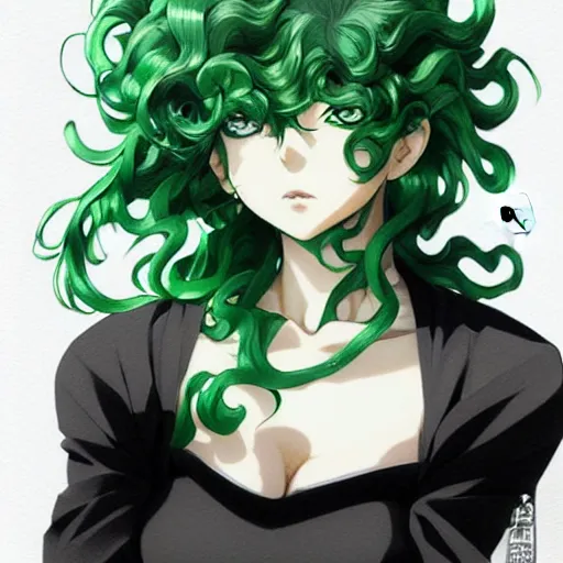 Image similar to tatsumaki from one punch man, green wavy hair, black dress, fine details, sharp focus, intricate, realistic shaded perfect face, by cushart krenz makoto shinkai artgerm ilya kuvshinov rossdraws