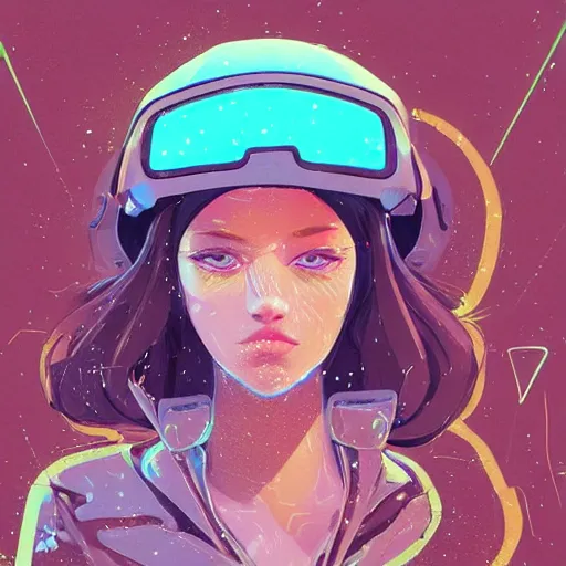 Image similar to highly detailed portrait of an electric woman wearing a snow coat and hologram visor, symmetrical, by atey ghailan, by greg rutkowski, by greg tocchini, by james gilleard, by joe fenton, by kaethe butcher, gradient blue, black, brown and cyan color scheme, grunge aesthetic!!! ( ( graffiti tag wall background ) )