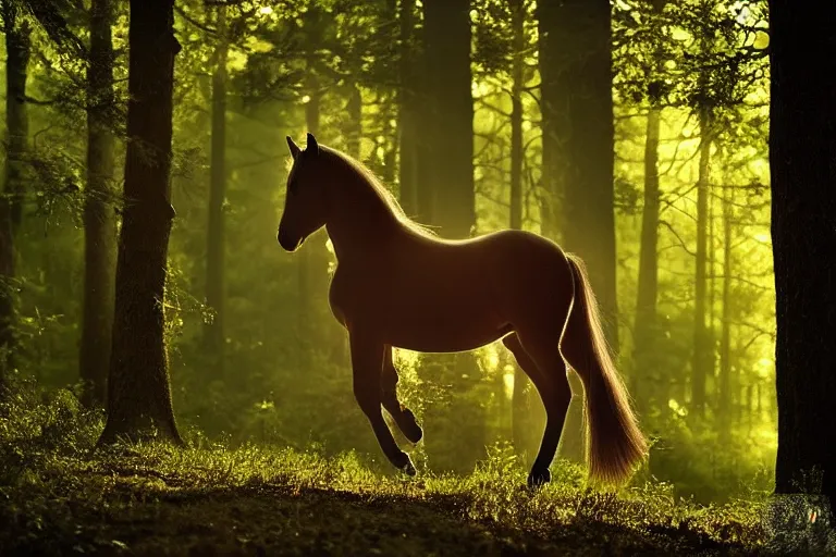 Image similar to beautiful horse in the forest evening natural light, fireflies, by Emmanuel Lubezki