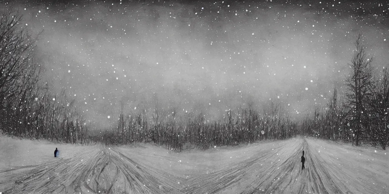 Image similar to laurentian appalachian mountains in winter, unique, original and creative black ink landscape, surrealist artwork, snowy night, distant town lights, aurora borealis, deers and ravens, lonely human walking, footsteps in the snow, fascinating textures, outstanding composition