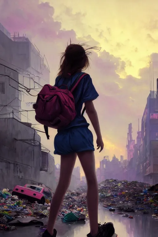 Image similar to beauty teenage girl in short with backpack looking at food at garbage dump, destroyed cars, city is pure wasteland, moody sunset background, rays of sunlights, ( ( ( rainy day, rainbow ) ) ), high details, sharp, photorealism, cinematic, greg rutkowski, alphonse mucha, trending on artstation, artgerm, unreal engine, highly detailed