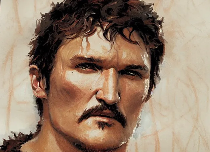 Image similar to a highly detailed beautiful portrait of pedro pascal as kratos, by gregory manchess, james gurney, james jean