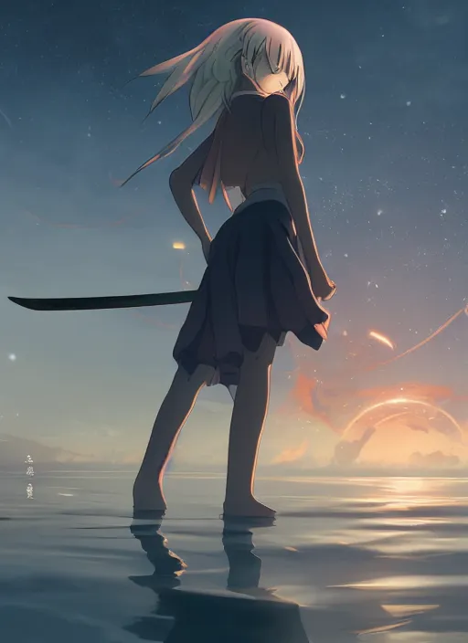 Image similar to anime girl with a katana walking on water, ripples, backdrop of dawn, backshot, saturn in the background, low angled illustration from demon slayer, concept art, anime, key visual, trending pixiv fanbox by wlop and greg rutkowski and makoto shinkai and studio ghibli