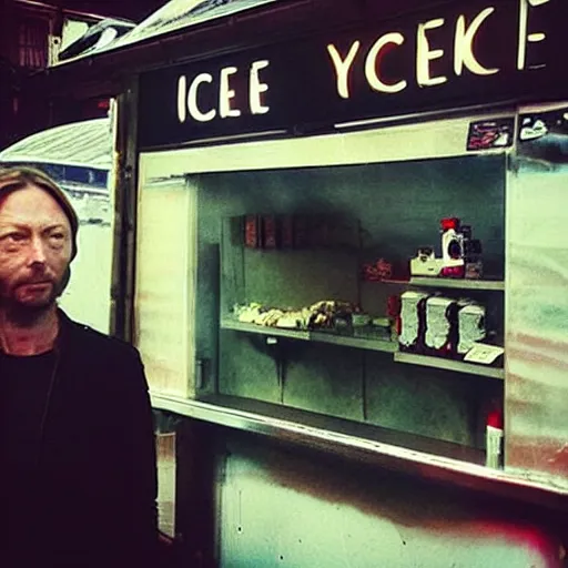 Prompt: “ thom yorke is buying ice - cream at the dirty ice - cream booth in the street, movie screenshot, cinematic, epic, dramatic ”