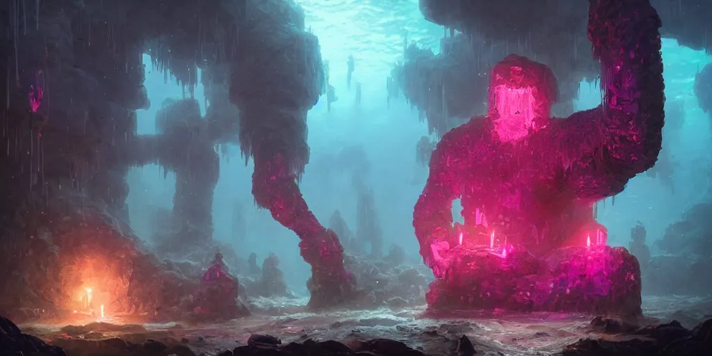 Prompt: giant golem made of crystal, lumbering creature, bright pink purple lights, underwater, watery caverns, d & d, art by greg rutkowski