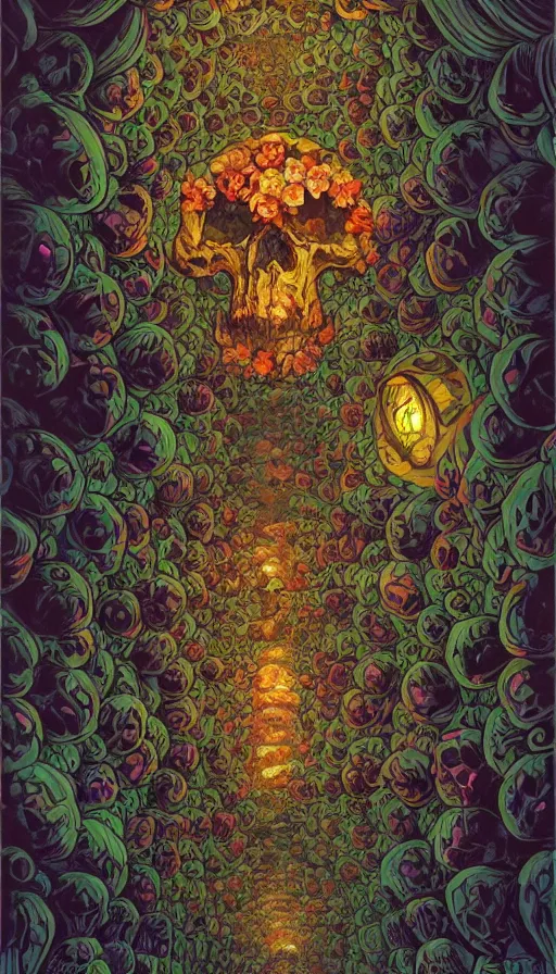 Prompt: The luminous cavern of floral skulls, italian futurism, Dan Mumford, da vinci, Josan Gonzalez