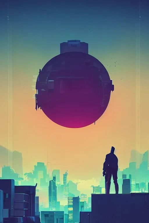 Prompt: silhouette of man standing on rooftop, cyberpunk art by james gilleard, cgsociety, retrofuturism, synthwave, cityscape, 2 d game art