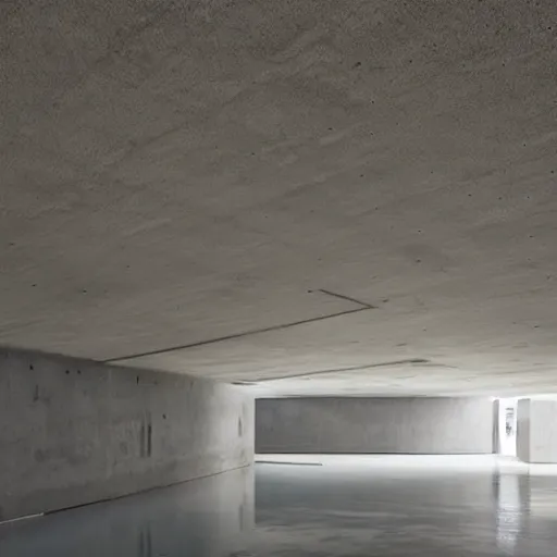 Prompt: underground flooded concrete structure, minimalist architecture, surreal, liminal space, angled walls, high ceiling,