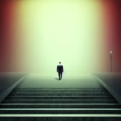 Image similar to photo - realistic, painting of a man walking alone in the boulevard of broken dreams, stairs in the background, hyper detail, sharp, in the style of beeple, mobeius, rule of thirds