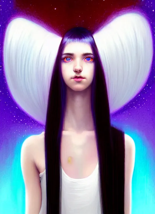 Image similar to hair whitebangs hair, black hair, whitebangs, portrait of teenage girl with white bangs, red irises, purple clothes, white bangs, bangs are different color from hair, intricate, elegant, glowing lights, highly detailed, digital painting, artstation, concept art, smooth, sharp focus, illustration, art by wlop, mars ravelo and greg rutkowski