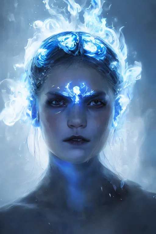 Image similar to a beautiful portrait of a young Demon women covered in blue and white flames with an intense look on her face by Greg Rutkowski, Sung Choi, Mitchell Mohrhauser, Maciej Kuciara, Johnson Ting, Maxim Verehin, Peter Konig, Bloodborne , 8k photorealistic, cinematic lighting, HD, high details, atmospheric , trending on artstation