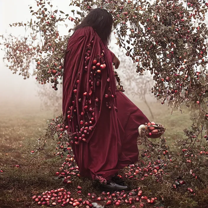 Prompt: a closeup portrait of a woman wearing a cloak made of tangled twisted knotted iridescent ribbon, picking pomegranates from a tree in an orchard, foggy, moody, photograph, by vincent desiderio, canon eos c 3 0 0, ƒ 1. 8, 3 5 mm, 8 k, medium - format print